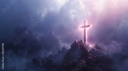 Mystic cross on sacred mount, divine light breakthrough