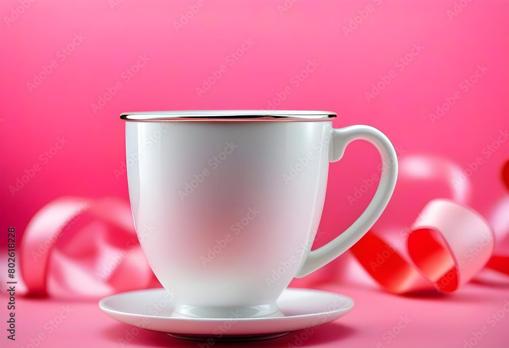 Fototapeta premium A white metal cup with pink ribbons on a pastel pink background, with soft lighting and bokeh effect.