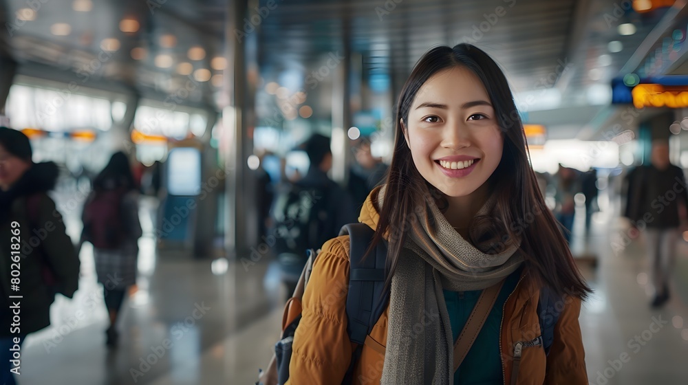 Fototapeta premium Young Asian woman with radiant smile strides purposefully through bustling airport concourse backpack on her shoulders