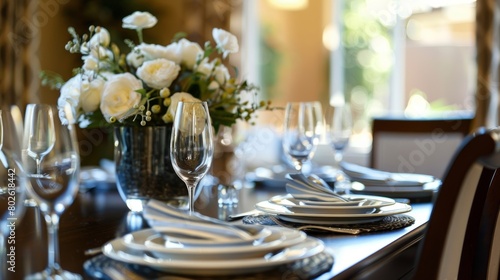 A harmoniously arranged dining room with a centerpiece and coordinated place settings creating a warm and welcoming atmosphere for family meals.