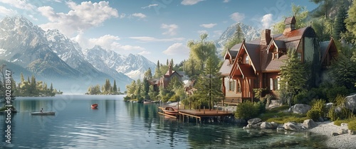 Tranquil lake house and charming lakeside village blend serenity and warmth, captured in art's balanced palette, embodying idyllic water-nature charm. photo