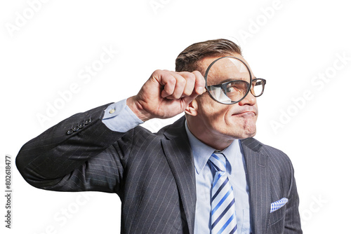 Funny man businessman man with a magnifying glass in his hand