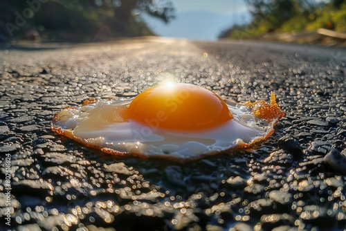 Fried chicken egg on the surface of hot asphalt. Concept of summer heat and record temperature. Background