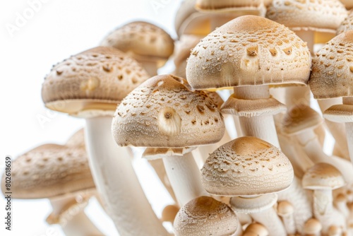 A bunch of mushrooms are shown in various stages of growth