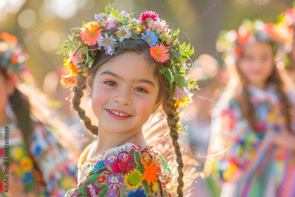 Joyful Multiethnic Children Celebrating May Day with Maypole Dance in Morning Park Joyful Multiethnic Children Celebrating May Day with Maypole Dance in Morning Park