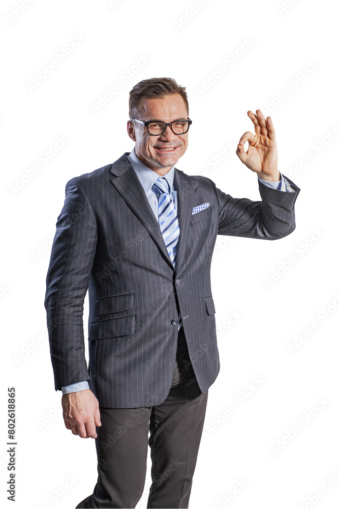 A successful businessman smiles happily and shows a gesture sign OK A successful businessman smiles happily and shows a gesture sign OK
