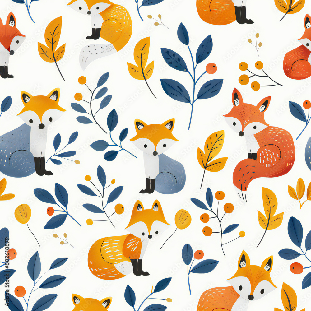 cute fox cartoon seamless pattern, 2d illustration