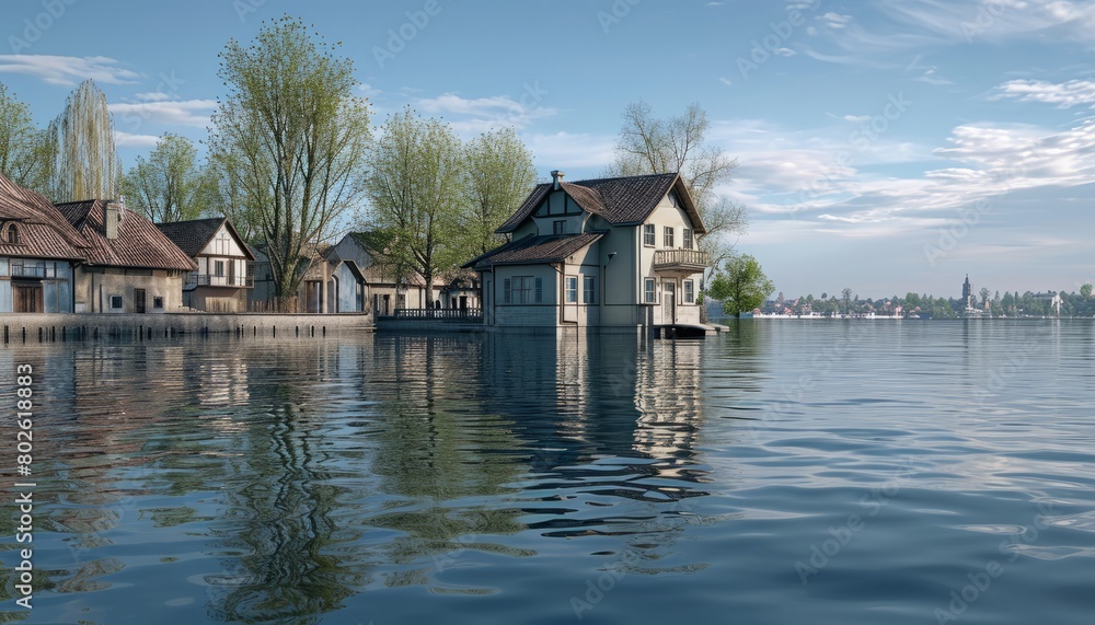 Naklejka premium Tranquil lake house, charming shoreline village, serene reflections, realistic water effects capture unique lakeside beauty effortlessly.