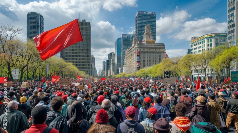 Obraz premium Diverse Workers United at May Day Rally with Inspiring Speeches and City Backdrop