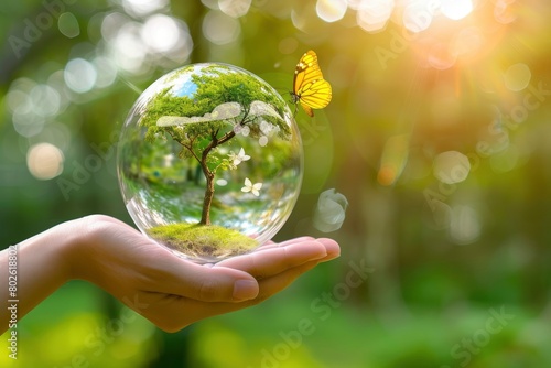 Earth crystal glass globe ball and growing tree in human hand. Saving environment, save clean planet, ecology concept. Card for World Earth Day - generative ai