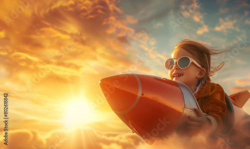 a happy child pilot in sunglasses flying on rocket through the sky at sunset, dream and fun concept