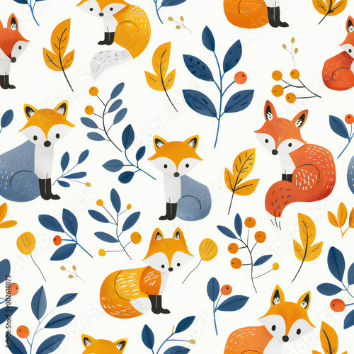 cute fox cartoon seamless pattern  2d illustration