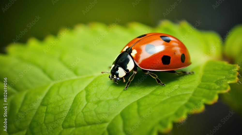 Closeup of a ladybug crawling on a green leaf showcasing natural pest control in a garden ecosystem Closeup of a ladybug crawling on a green leaf showcasing natural pest control in a garden ecosystem