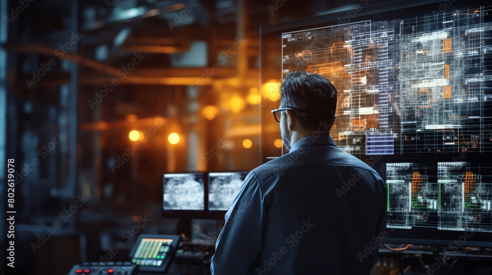 Engineer in a control room monitoring automated production line industrial setting with large digital displays Engineer in a control room monitoring automated production line industrial setting with large digital displays