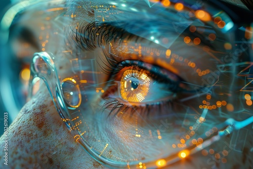 "Woman Wearing Glasses and Futuristic Eye Cybernetics: Augmented Vision with Holographic Display Lenses in Cyberpunk Style"