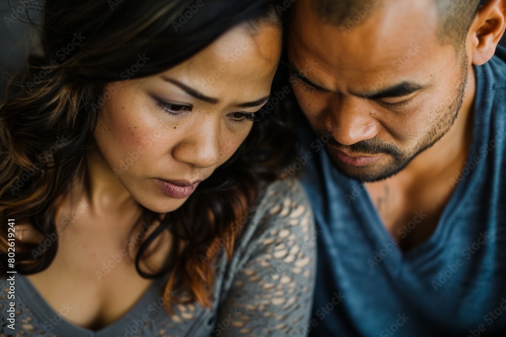 A man and woman are looking at each other with sad expressions A man and woman are looking at each other with sad expressions