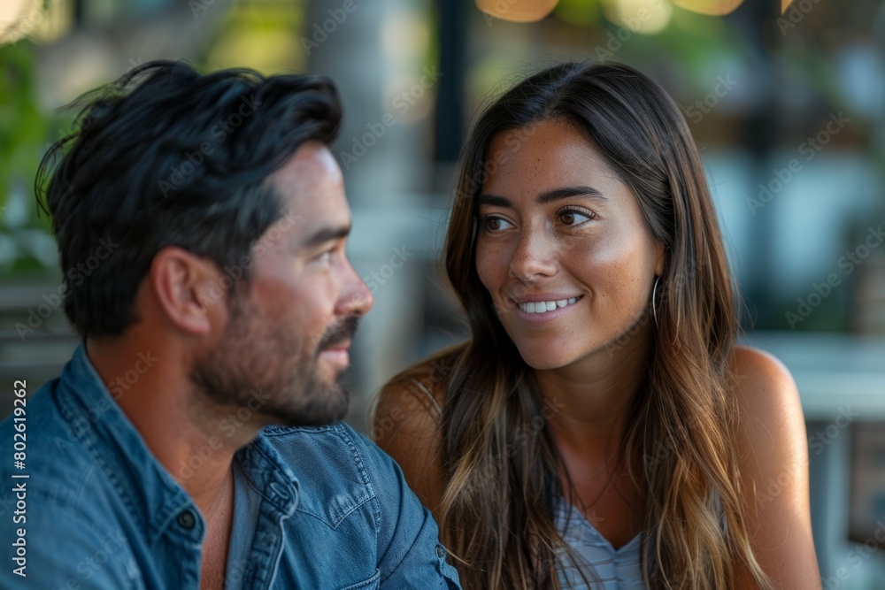 A man and a woman are sitting at a table, smiling at each other A man and a woman are sitting at a table, smiling at each other