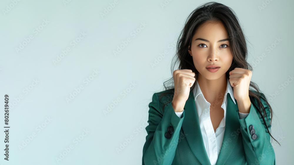 Malay Business Woman in green suit celebrate win, smile and raise hands Malay Business Woman in green suit celebrate win, smile and raise hands