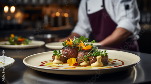 Gourmet chef plating a dish with a delicate bearnaise sauce, fine dining environment, precision and care photo