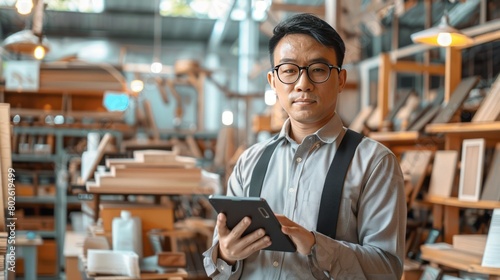 businessman using tablet while standing with wood craft shop