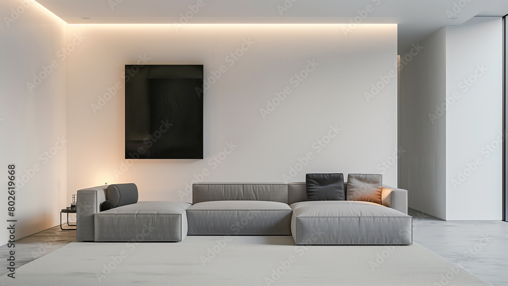 Fototapeta premium Abstract Expressionism in Design: Minimalist Living Room with Grey Sofa