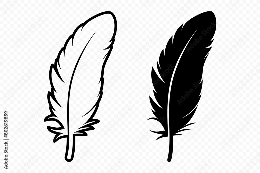 Obraz premium Vector Black and White Fluffy Feather Logo Icons. Silhouette Feather Set Closeup Isolated. Design Template of Flamingo, Angel, Bird Feather. Lightness and Freedom Concept