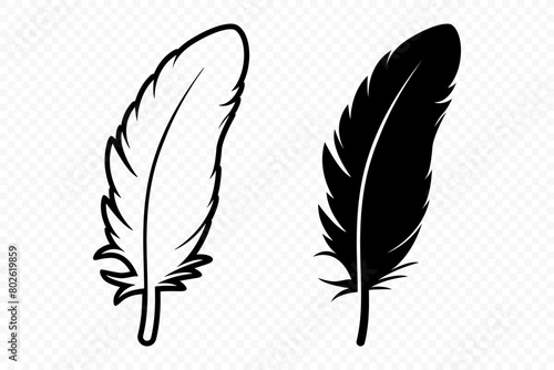Vector Black and White Fluffy Feather Logo Icons. Silhouette Feather Set Closeup Isolated. Design Template of Flamingo, Angel, Bird Feather. Lightness and Freedom Concept