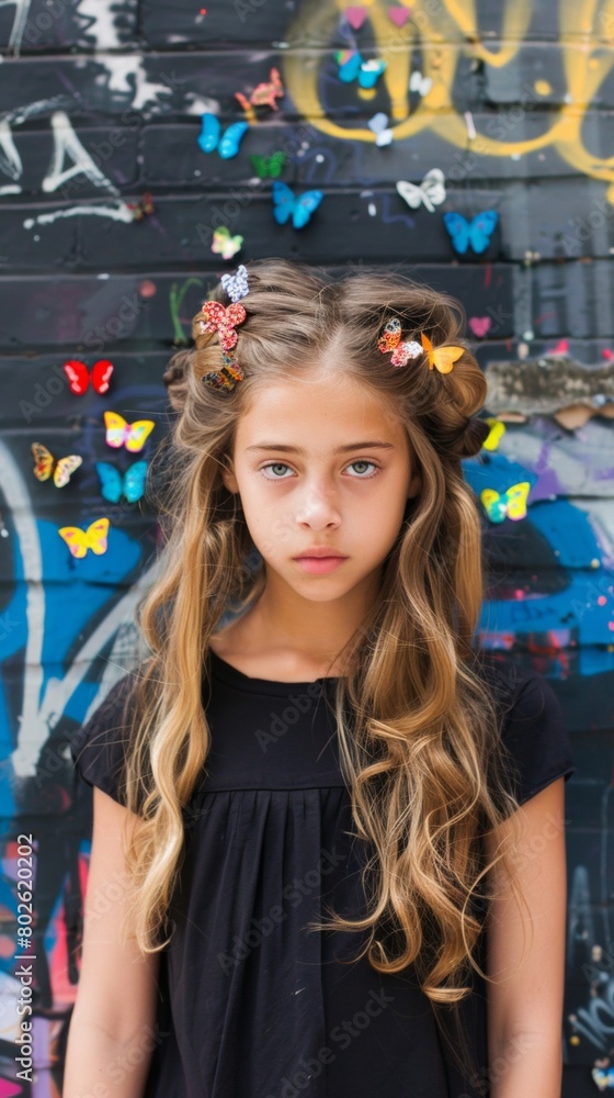 Fototapeta premium Trendy Teen Girl with Friar Tuck Hairstyle and Butterfly Clips in NYC Urban Street Fashion Scene