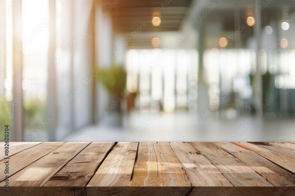 Empty wood table top and blur glass window wall building banner mock up abstract background - can used for display or montage your products - generative ai Empty wood table top and blur glass window wall building banner mock up abstract background - can used for display or montage your products - generative ai