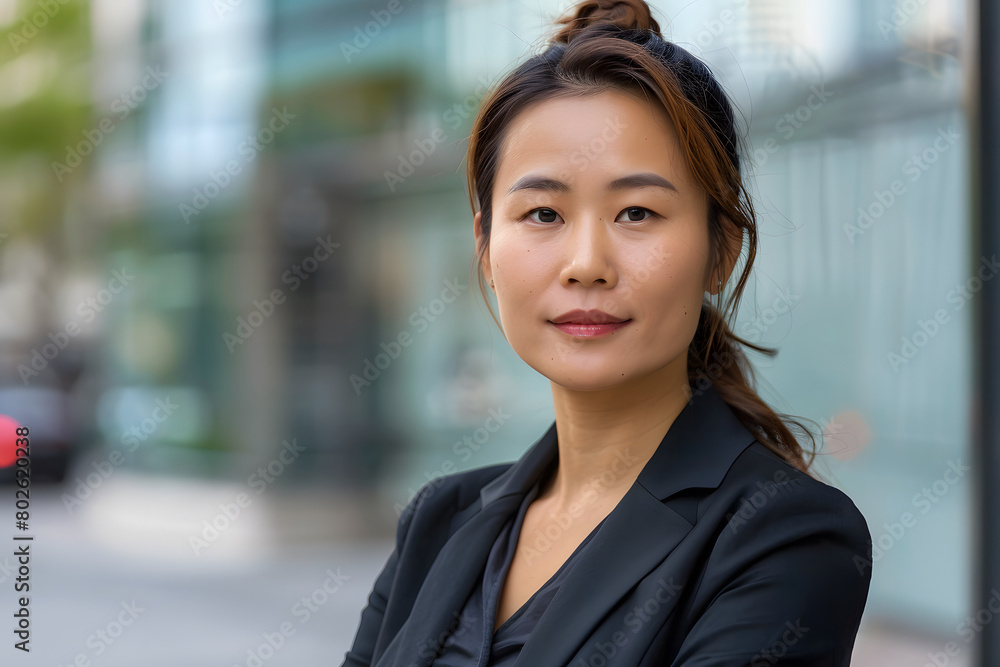 Attractive CEO business Chinese woman executive portrait pose, standing outside workplace Attractive CEO business Chinese woman executive portrait pose, standing outside workplace