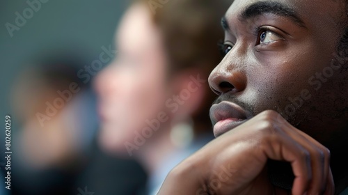 A closeup shot of a mans face as he listens intently and displays active listening skills during a workshop activity. photo