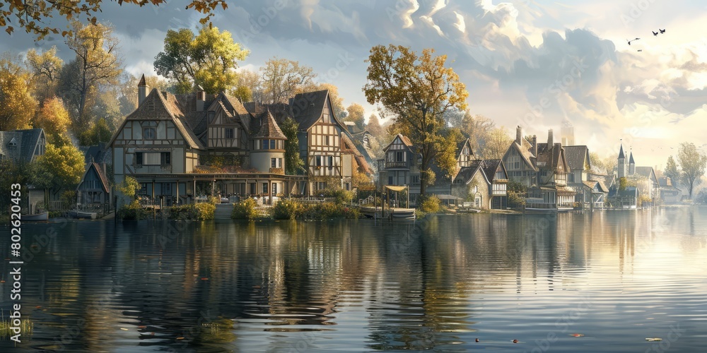 Fototapeta premium House nestled in peaceful lake, quaint lakeside village, tranquil waters reflect natural beauty, illustration captures quiet lakeside charm.