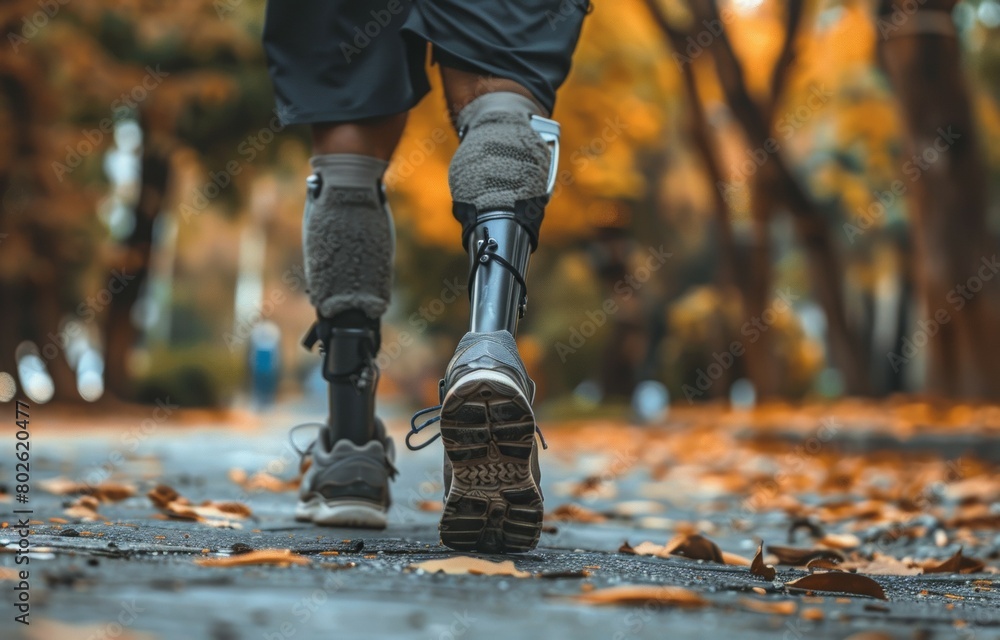 A man with a prosthetic leg is walking on a path. Disabled athlete concept A man with a prosthetic leg is walking on a path. Disabled athlete concept
