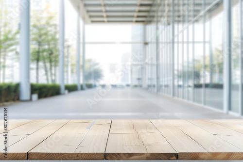 Empty wood table top and blur glass window wall building banner mock up abstract background - can used for display or montage your products - generative ai