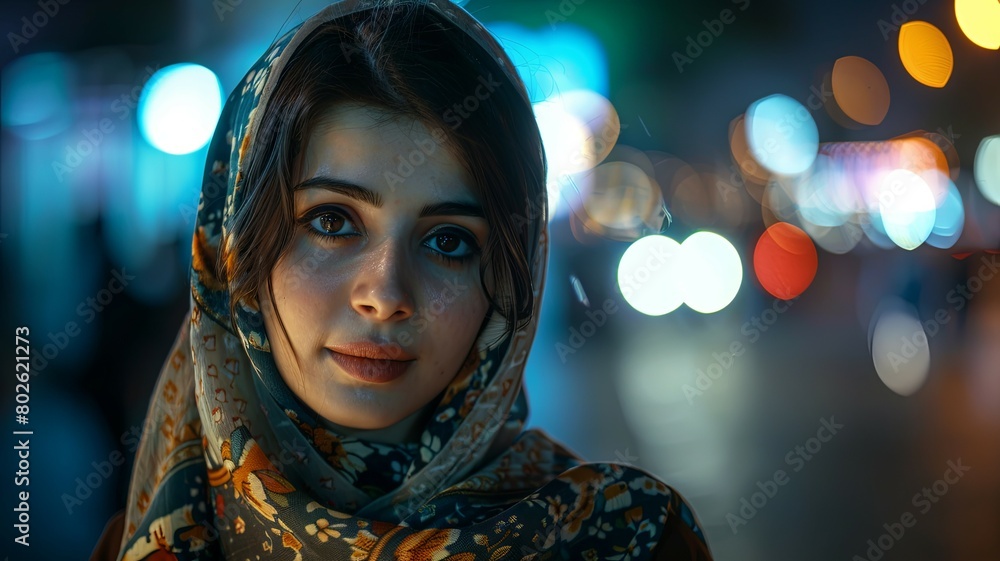A beautiful young woman wearing a headscarf smiles at the camera. A beautiful young woman wearing a headscarf smiles at the camera.