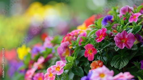 A beautiful close-up of a variety of colorful flowers in a garden with a blurred background.