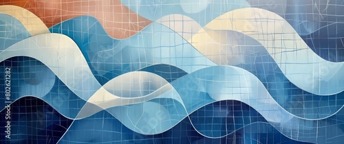 Visually dynamic abstract creation on blue background, grid and wave patterns, dual-tone palette for contemporary vibe.