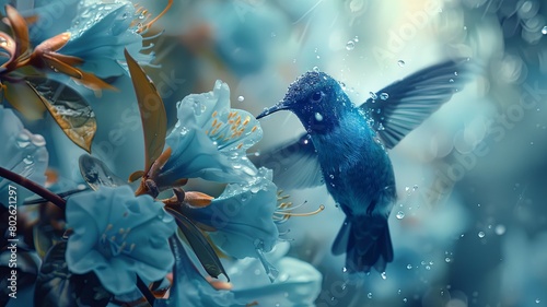 Hummingbird hovering near wet flowers - An intricate capture of a tiny hummingbird hovering by wet blue flowers, showcasing nature's splendid detail photo