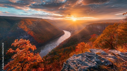 Amazing view of the New River Gorge in West Virginia, with the sun rising over the horizon photo
