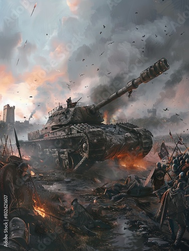 In the middle of the battlefield, a tank is advancing. photo