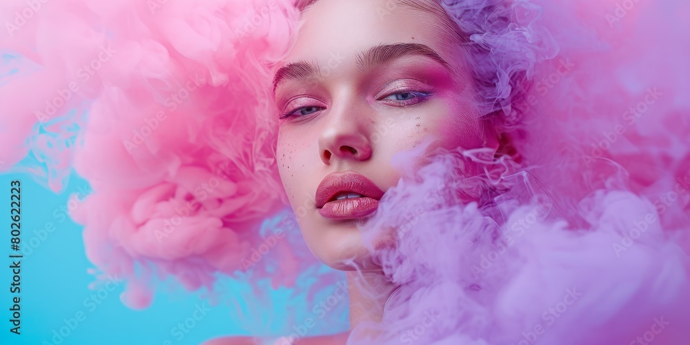 Close-up portrait of a young woman with captivating eyes surrounded by swirling pink clouds, Serene beauty amidst ethereal pink clouds Close-up portrait of a young woman with captivating eyes surrounded by swirling pink clouds, Serene beauty amidst ethereal pink clouds