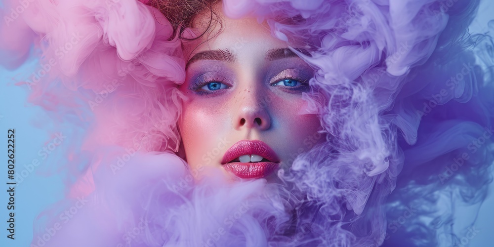 Close-up portrait of a young woman with captivating eyes surrounded by swirling pink clouds, Serene beauty amidst ethereal pink clouds Close-up portrait of a young woman with captivating eyes surrounded by swirling pink clouds, Serene beauty amidst ethereal pink clouds