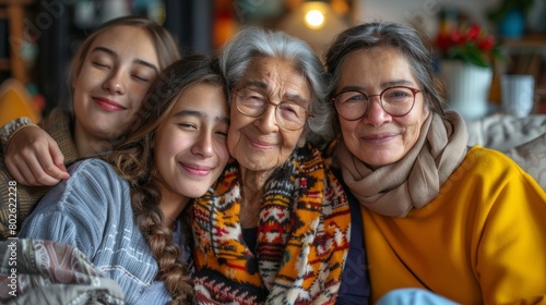 Multigenerational Female Family Embracing at Home: Senior, Adult, Teenager, and Child