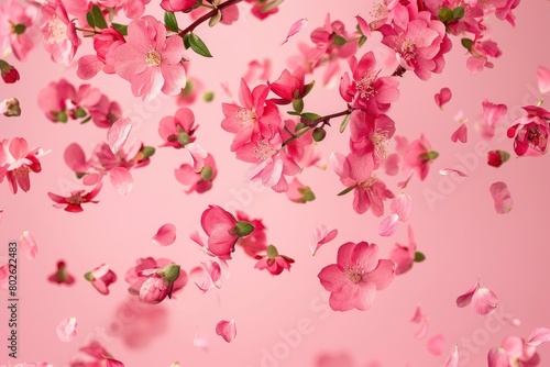 Fresh quince blossom  beautiful pink flowers falling in the air isolated on pink background. Zero gravity or levitation  spring flowers conception  high resolution image - generative ai