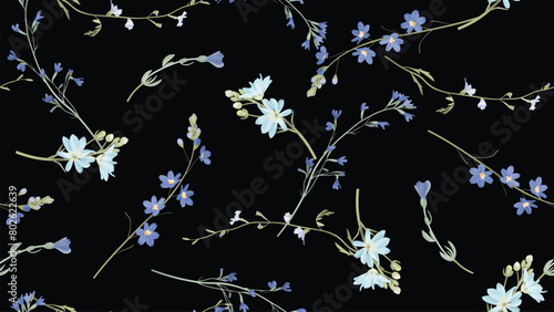 Floral seamless pattern, assorted blue wildflowers on dark blue background