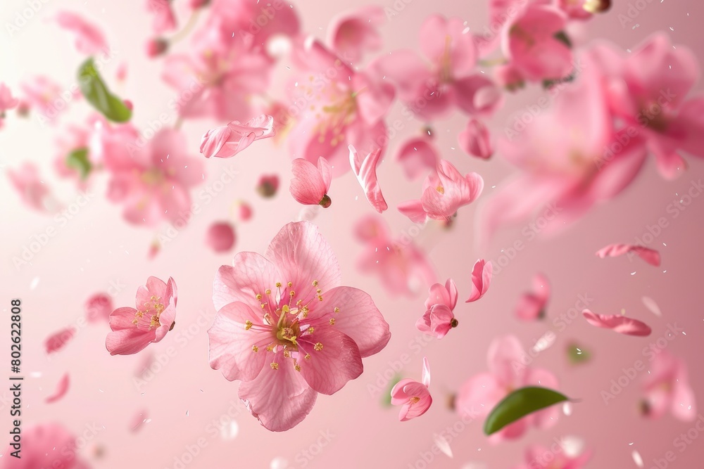 Fresh quince blossom, beautiful pink flowers falling in the air isolated on pink background. Zero gravity or levitation, spring flowers conception, high resolution image - generative ai Fresh quince blossom, beautiful pink flowers falling in the air isolated on pink background. Zero gravity or levitation, spring flowers conception, high resolution image - generative ai