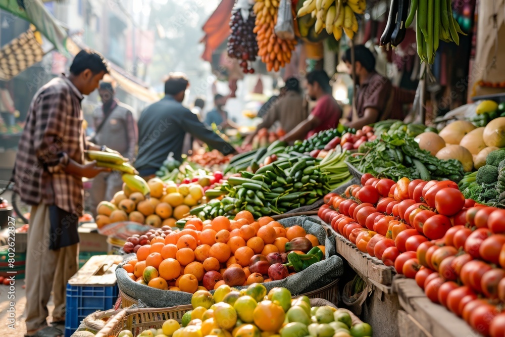 A vibrant image of a farmer's market bustling with activity, with colorful stalls overflowing with fresh fruits and vegetables