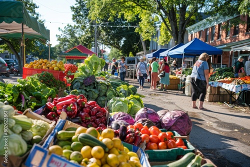 A vibrant image of a farmer's market bustling with activity, with colorful stalls overflowing with fresh fruits and vegetables photo