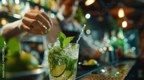 A bartender skillfully preparing a refreshing virgin mojito with fresh mint and lime for a customer at the second location. photo