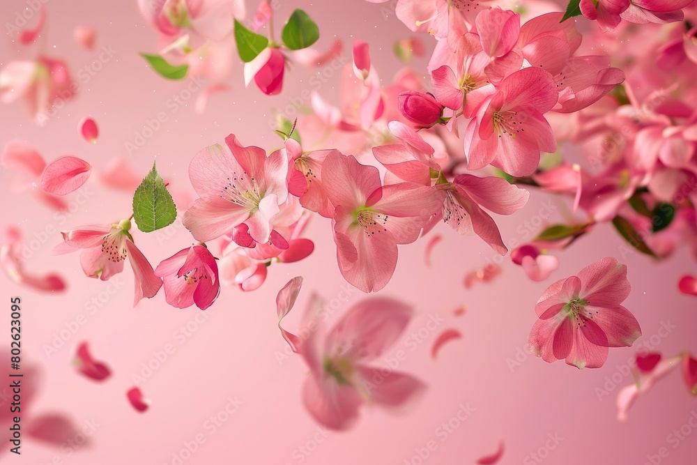 Fresh quince blossom, beautiful pink flowers falling in the air isolated on pink background. Zero gravity or levitation, spring flowers conception, high resolution image - generative ai Fresh quince blossom, beautiful pink flowers falling in the air isolated on pink background. Zero gravity or levitation, spring flowers conception, high resolution image - generative ai